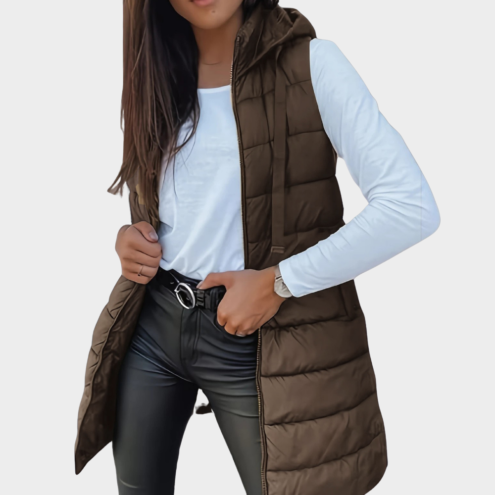 Phoebe | Sleeveless Hooded Long Puffer Vest